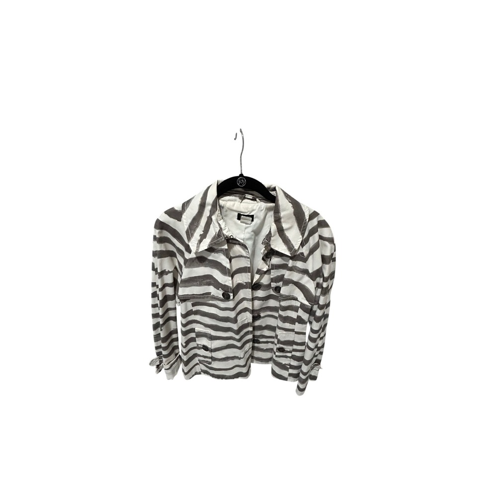 J.Crew Zebra Print Trench Jacket White Grey Button Front Raglan Sleeve Coat - Picture 1 of 9